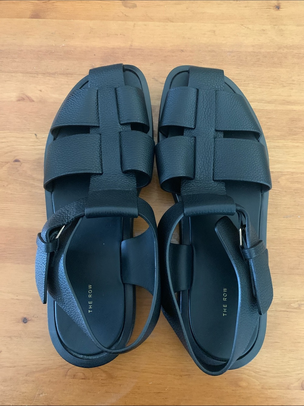 The Row Black Leather Woven Fisherman Sandals